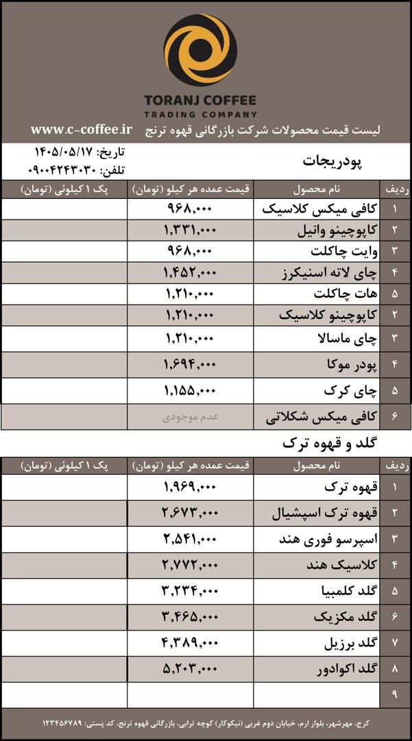 لیست قیمت پودریجات قهوه ترک و گلد ها